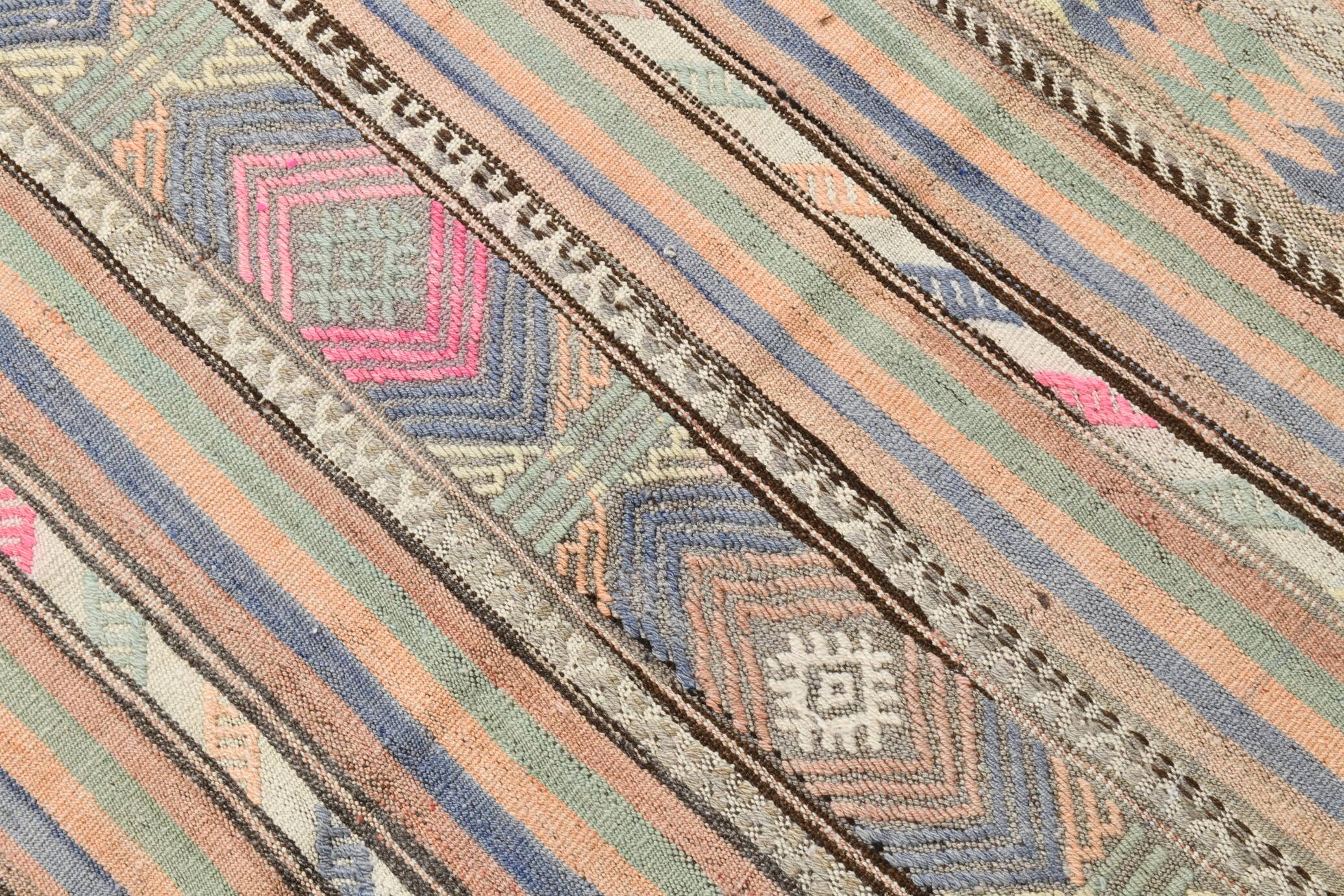 6x8 Green & Blue Striped Handmade Kilim Rug, 174x256Cm