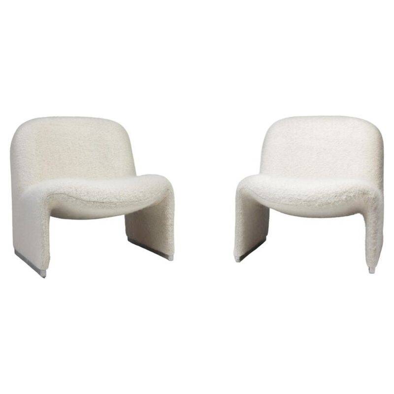 Pair of vintage Alky armchairs in steel and boucle wool by Giancarlo P.