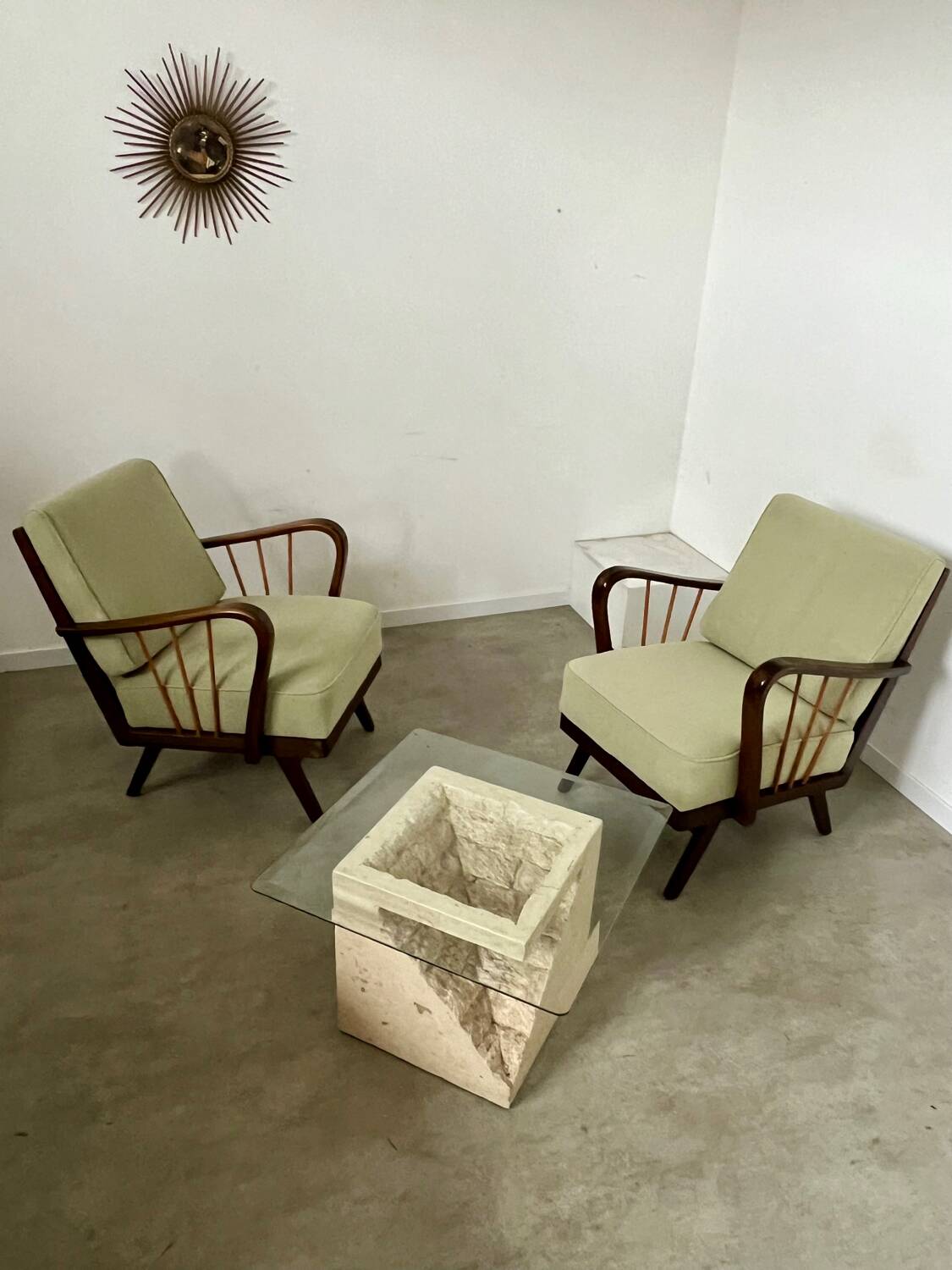 Set 2 old designer fireside chairs from the 50s wood and vintage fabric