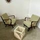 Set 2 old designer fireside chairs from the 50s wood and vintage fabric