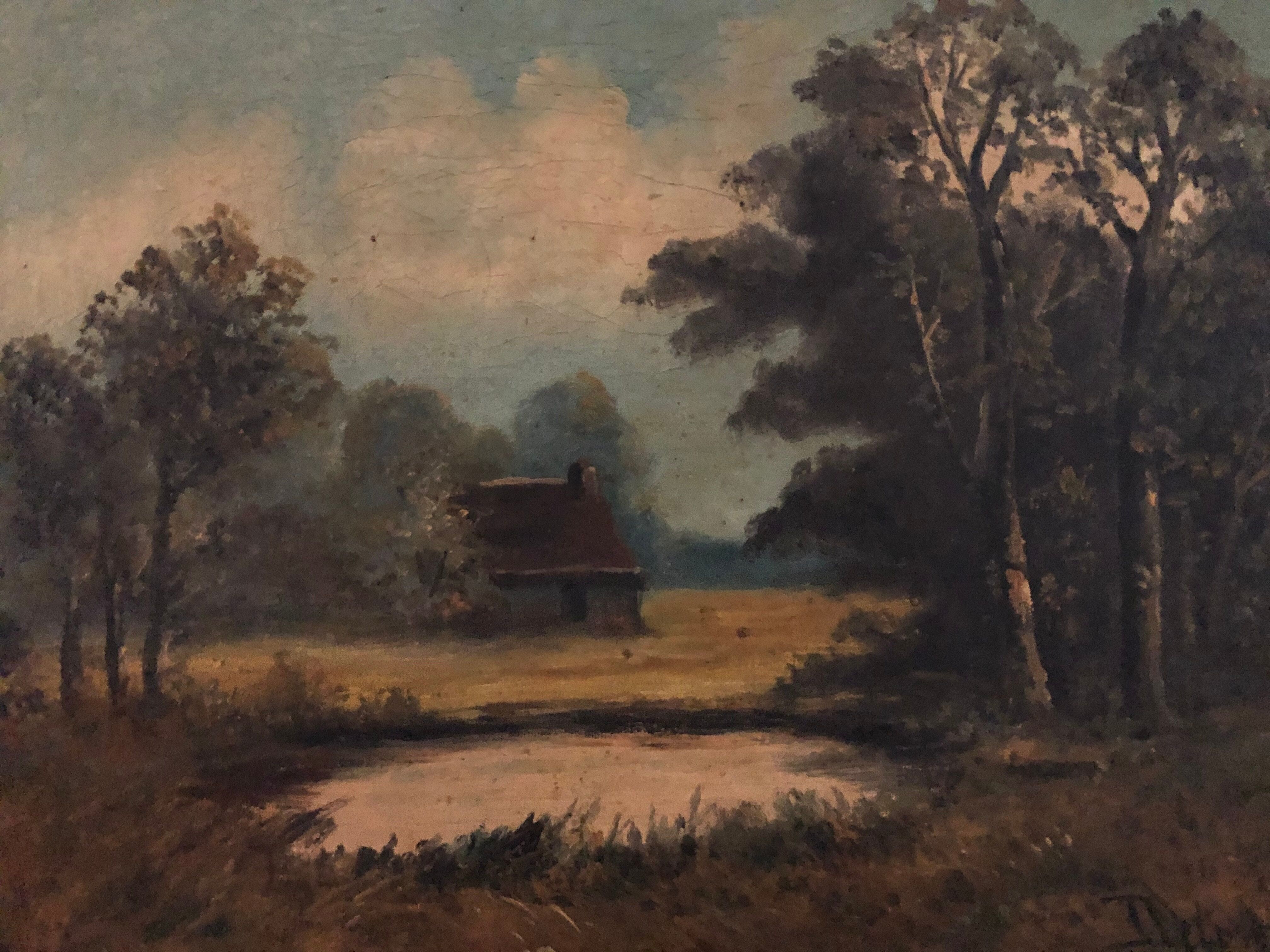 Huile sur toile paysage lacustre