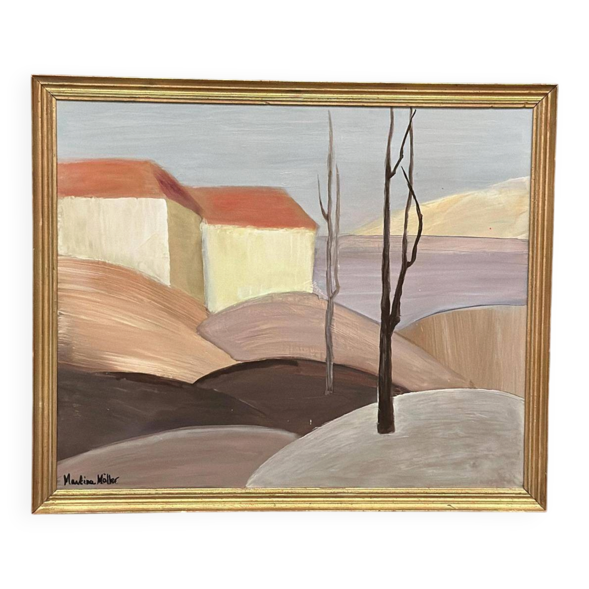 Huile su panneau suédois – « Maisons aux toits rouges » par Martina Möller