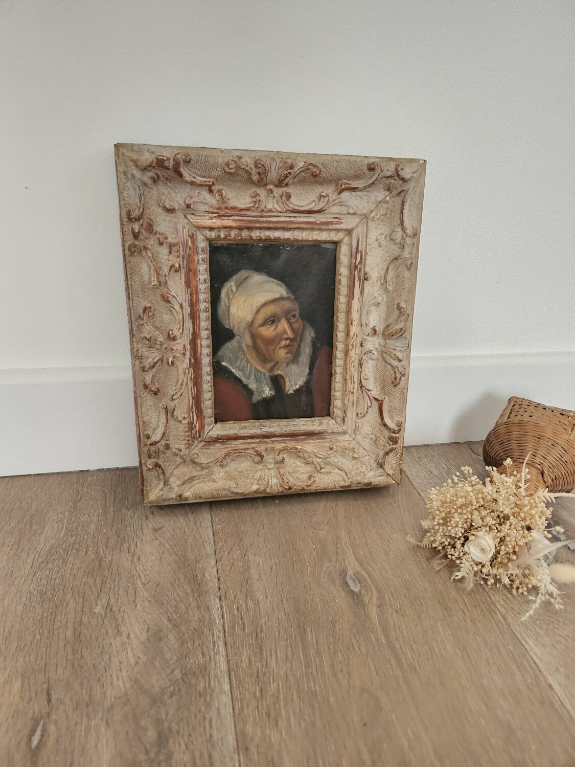 Oil on mounted paper - Portrait of a peasant woman signed, 18th century