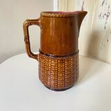 Old vintage ceramic pitcher or jug from Sarreguemines France Brown and pink interior, imitation basket