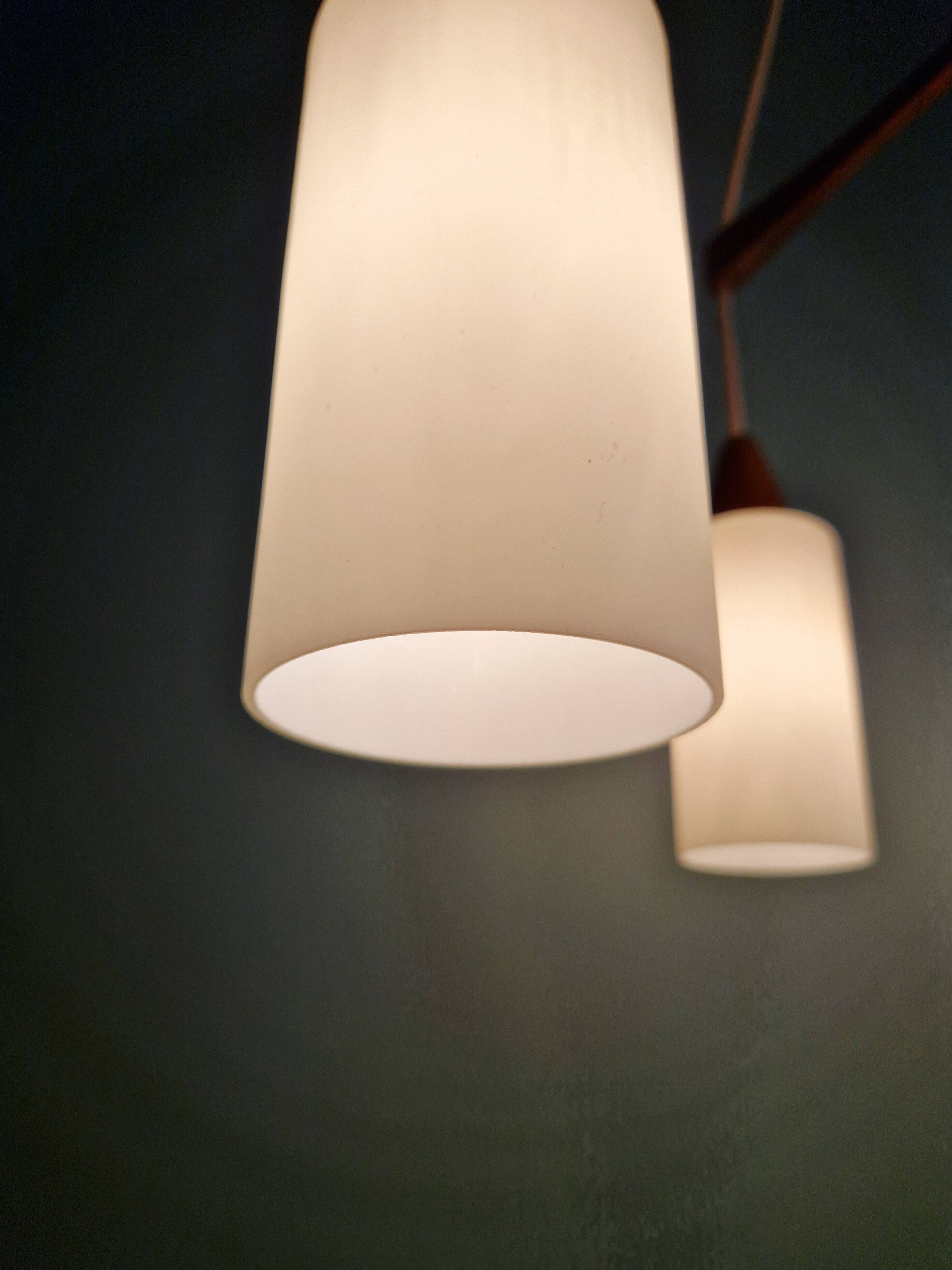 Large Scandinavian chandelier in teak and tubular white opaline, 1960.