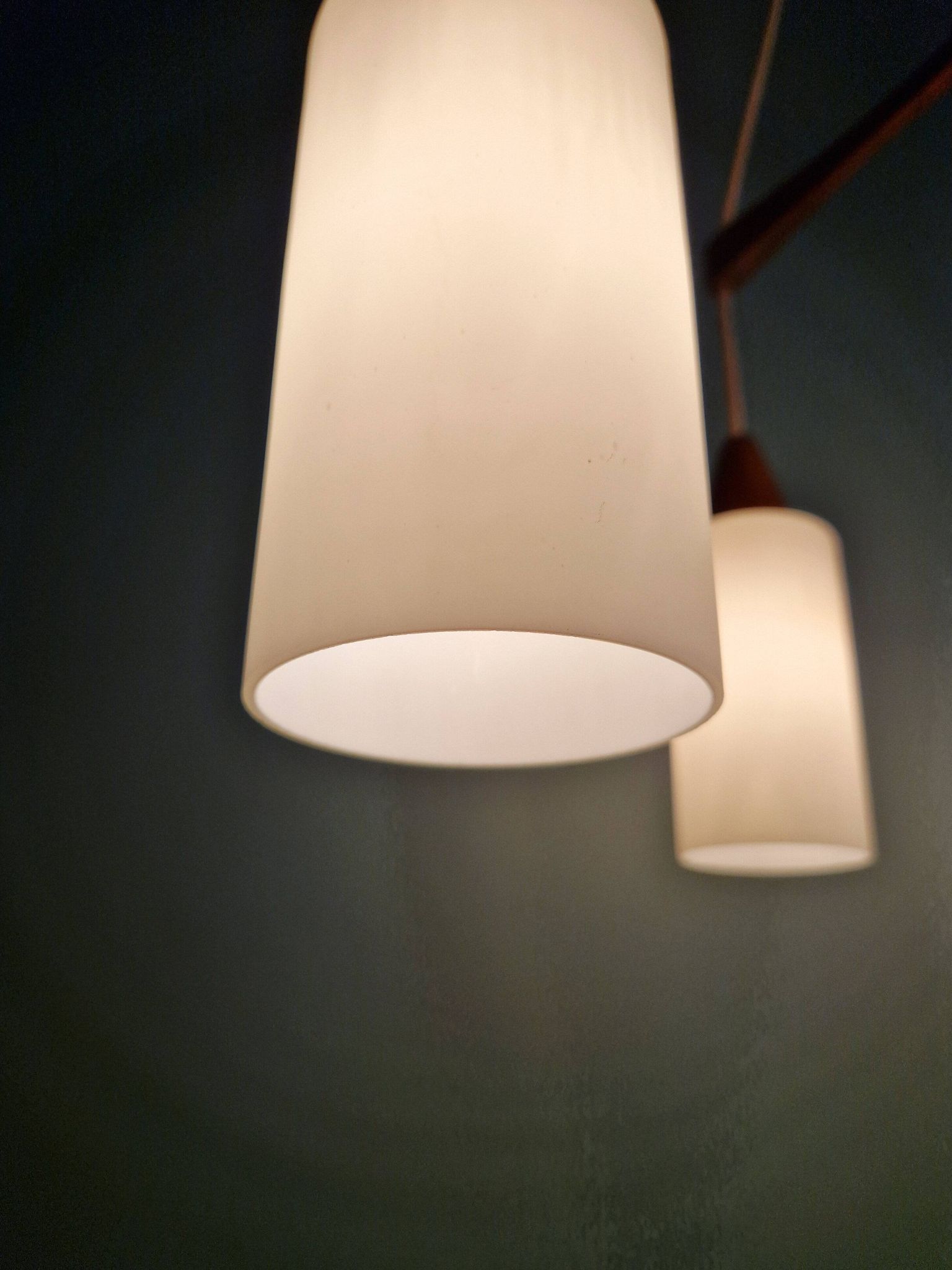 Large Scandinavian chandelier in teak and tubular white opaline, 1960.