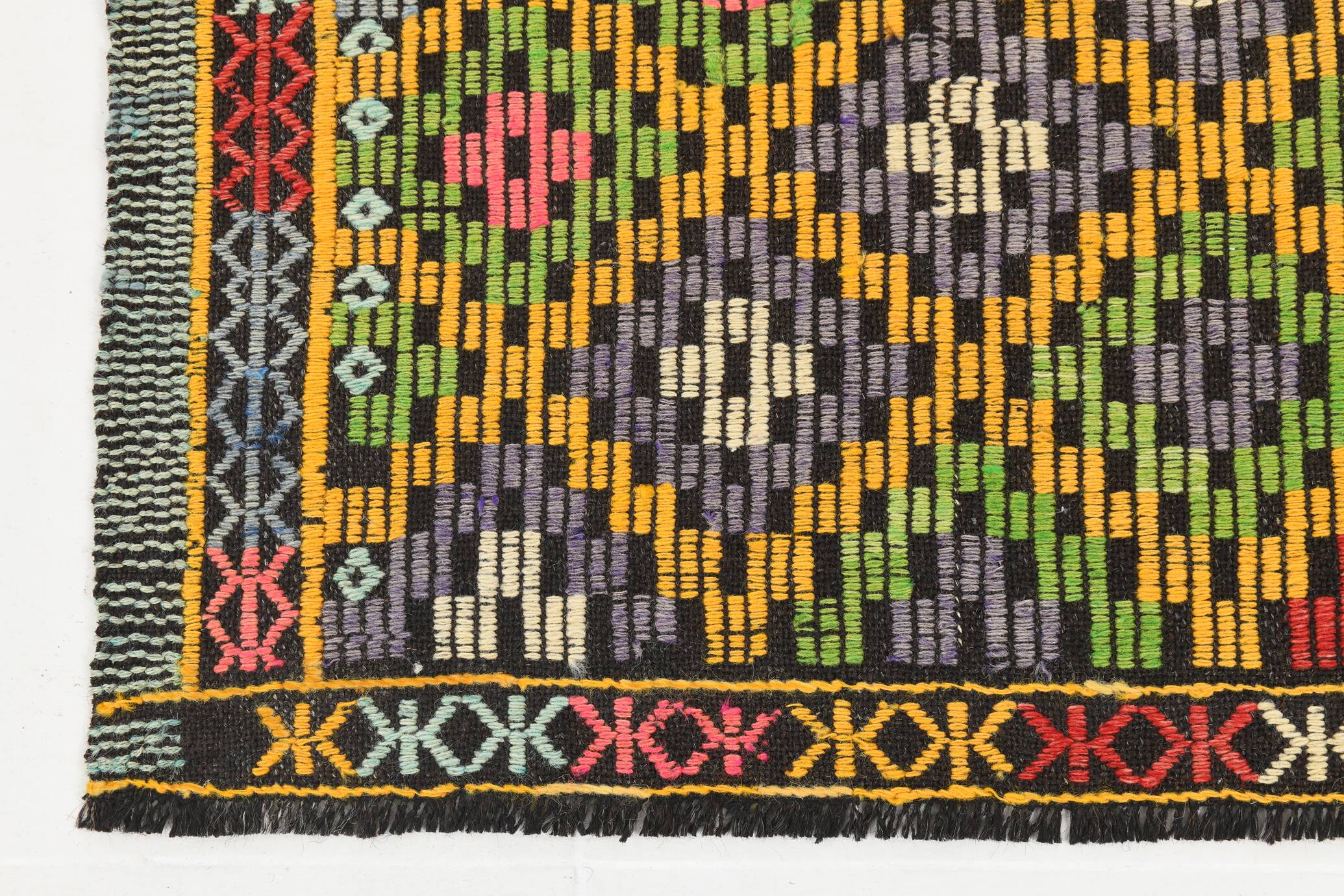 7x9 Yellow Green Handmade Wool Scandinavian Kilim Rug