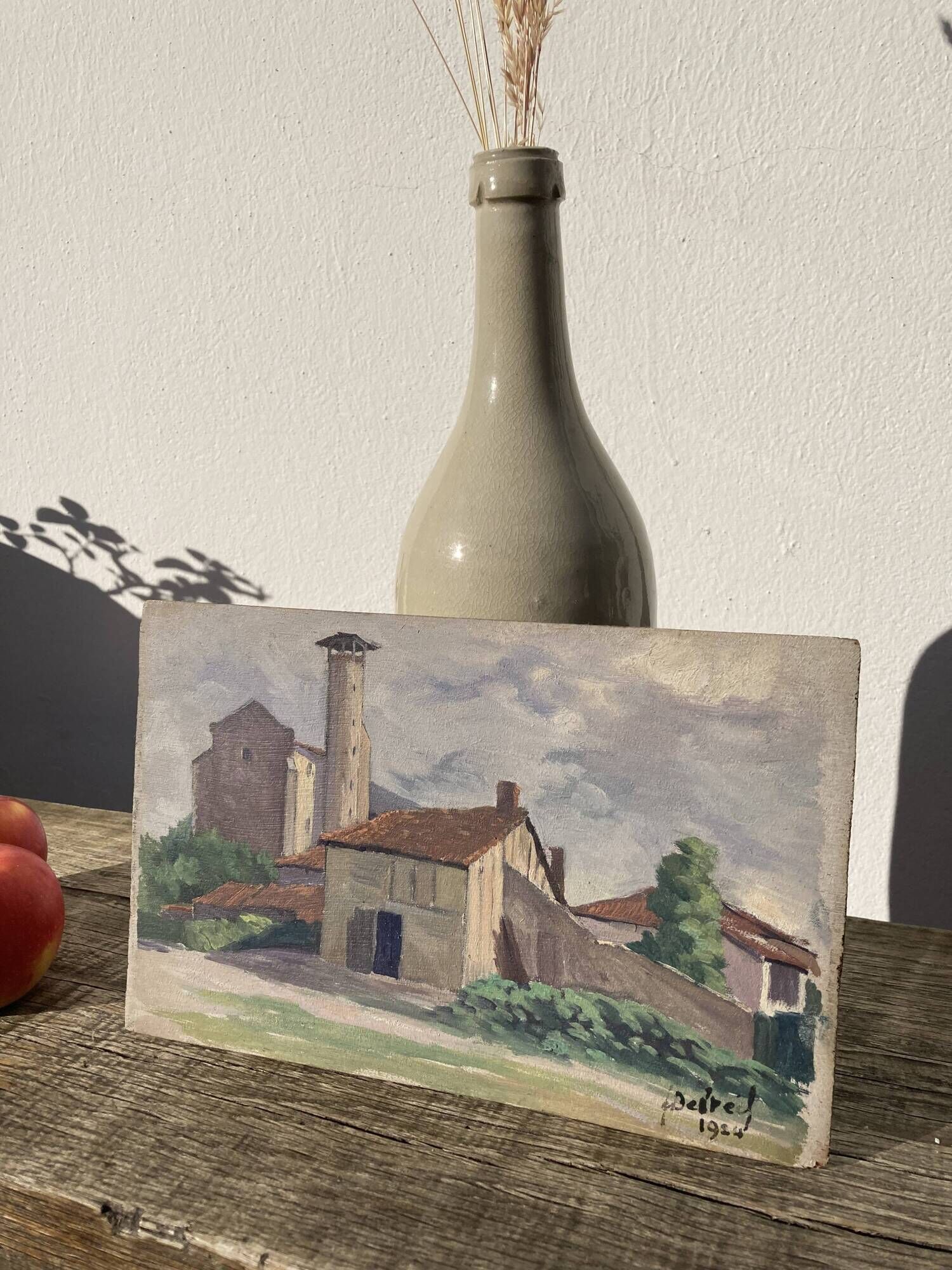 Oil on vintage wood panel / painting representing a village in the Landes