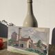 Oil on vintage wood panel / painting representing a village in the Landes