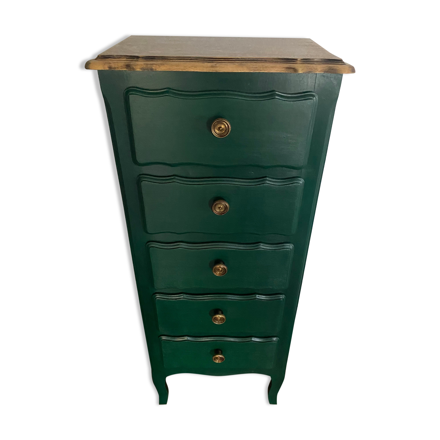 Chiffonnier 5 tiroirs relooké vert sapin et bois brut