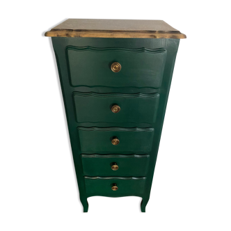 Chiffonnier 5 tiroirs relooké vert sapin et bois brut