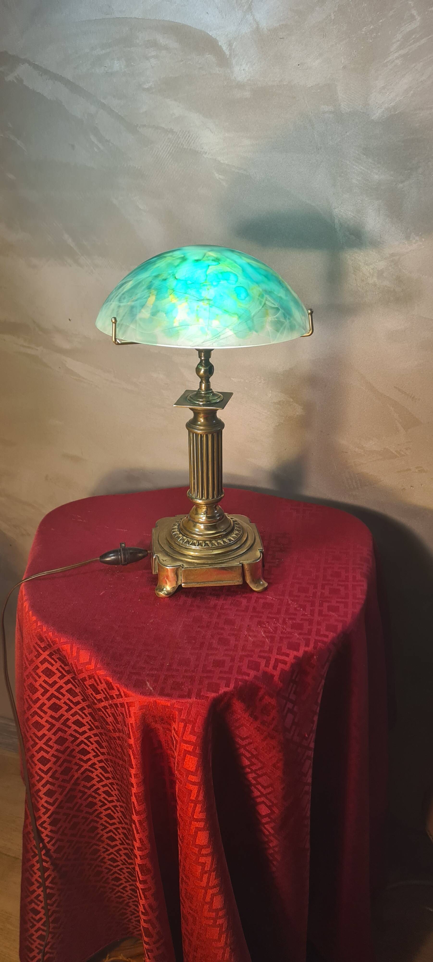 1930s bronze and brass desk lamp 39x22 superb glass lampshade elec ok