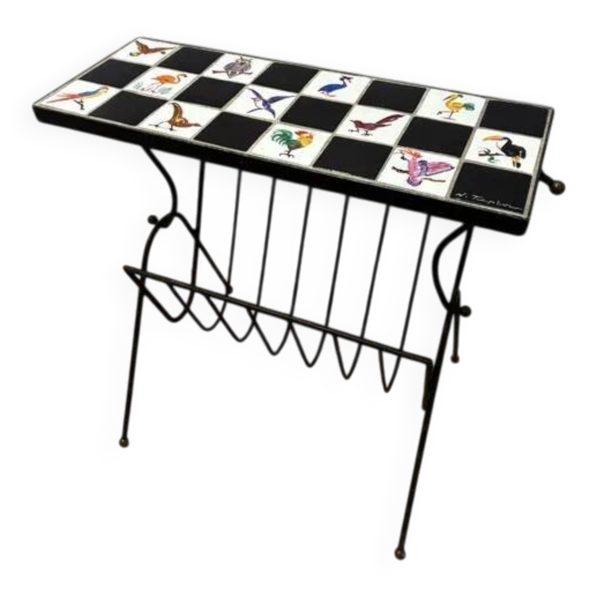 Table d'appoint, porte-revue en carreaux en céramique et fer N. Teplow, années 1950
