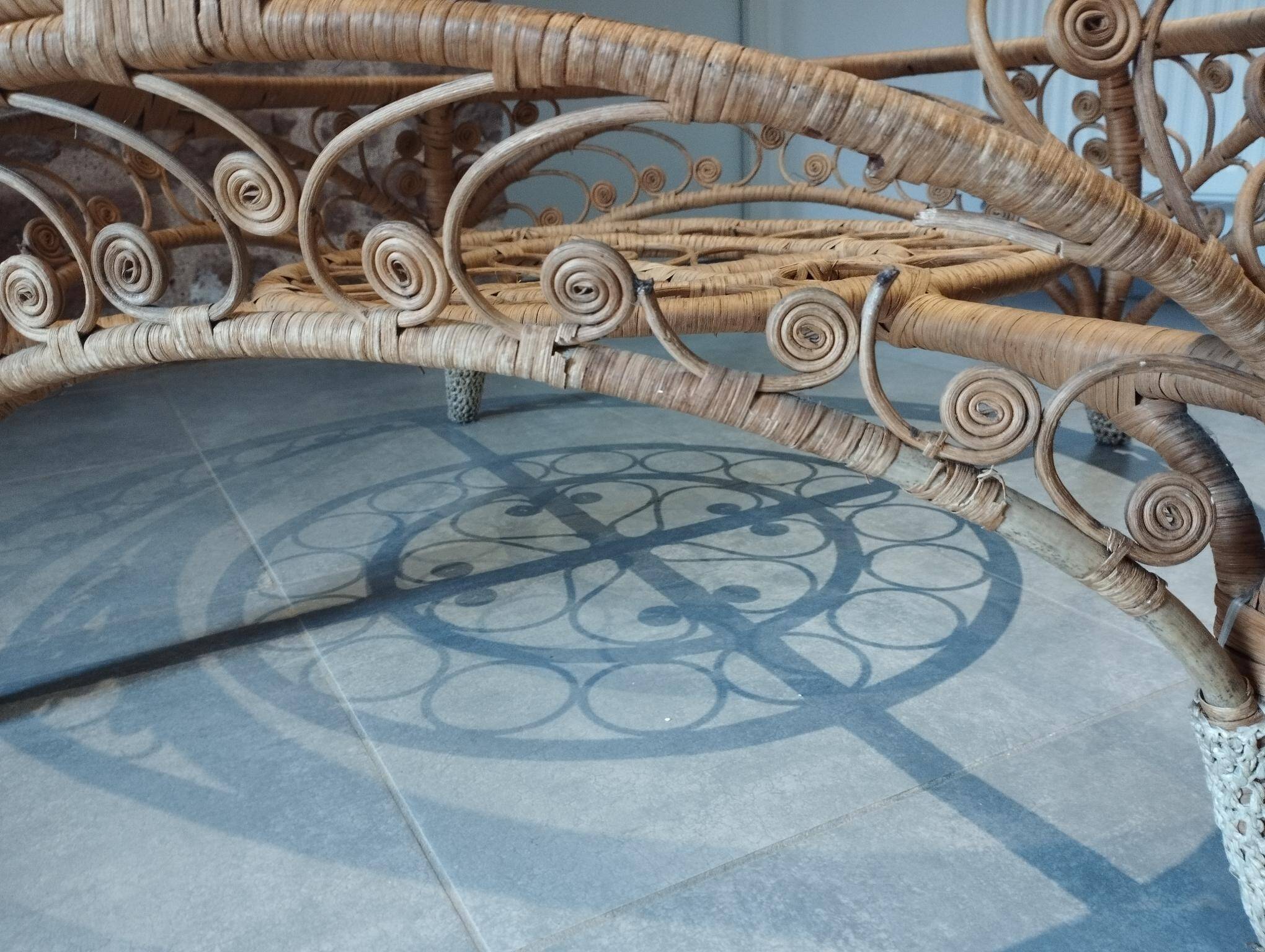 Large Peacock-French Riviera coffee table in rattan, bamboo, glass, vintage.