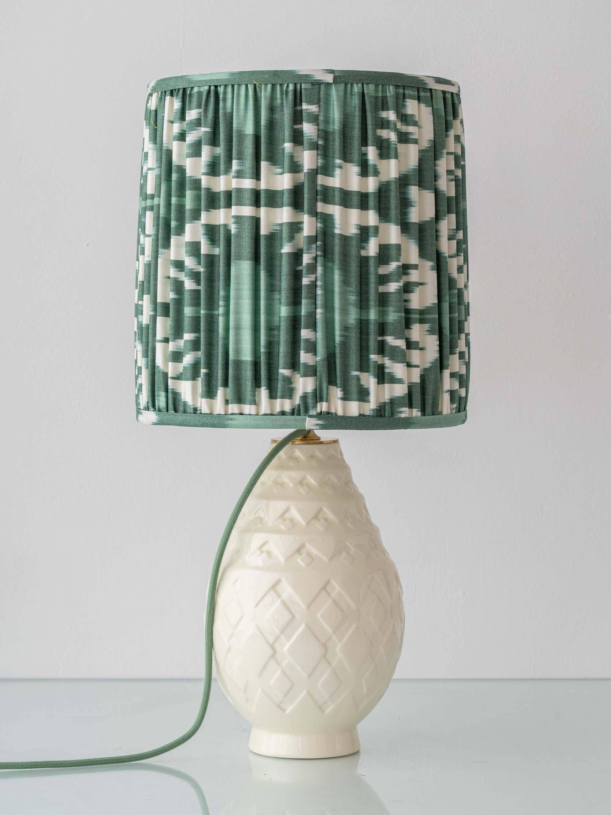 Art Deco table lamp by Charles Catteau for Boch Frères "Pineapple" with new Ikat silk shade.