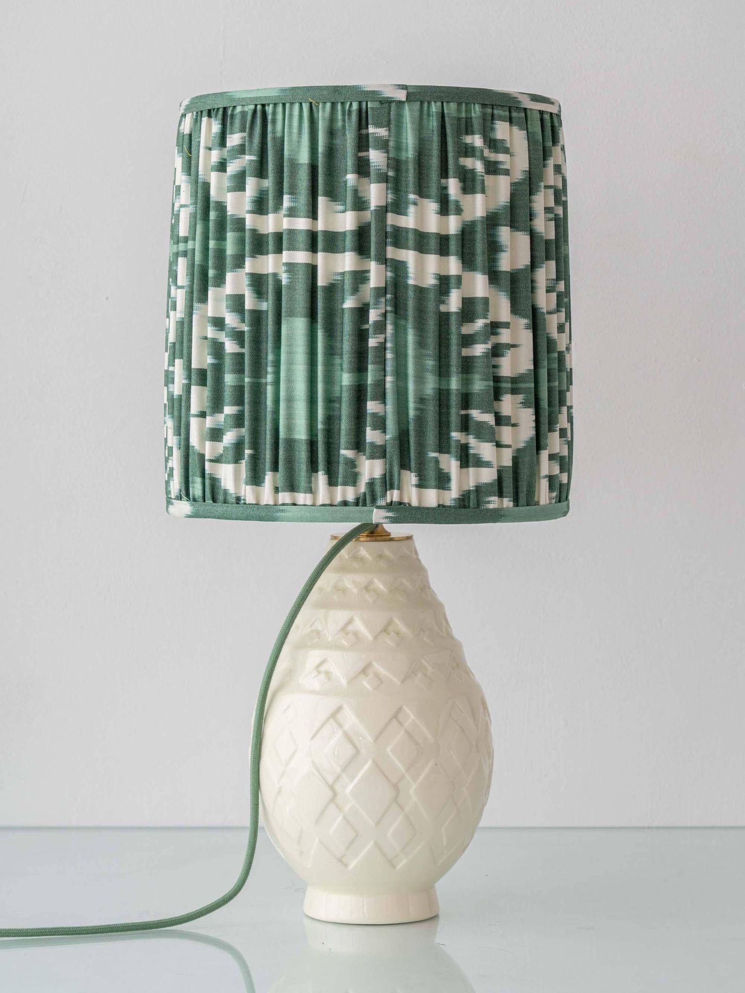 Art Deco table lamp by Charles Catteau for Boch Frères "Pineapple" with new Ikat silk shade.