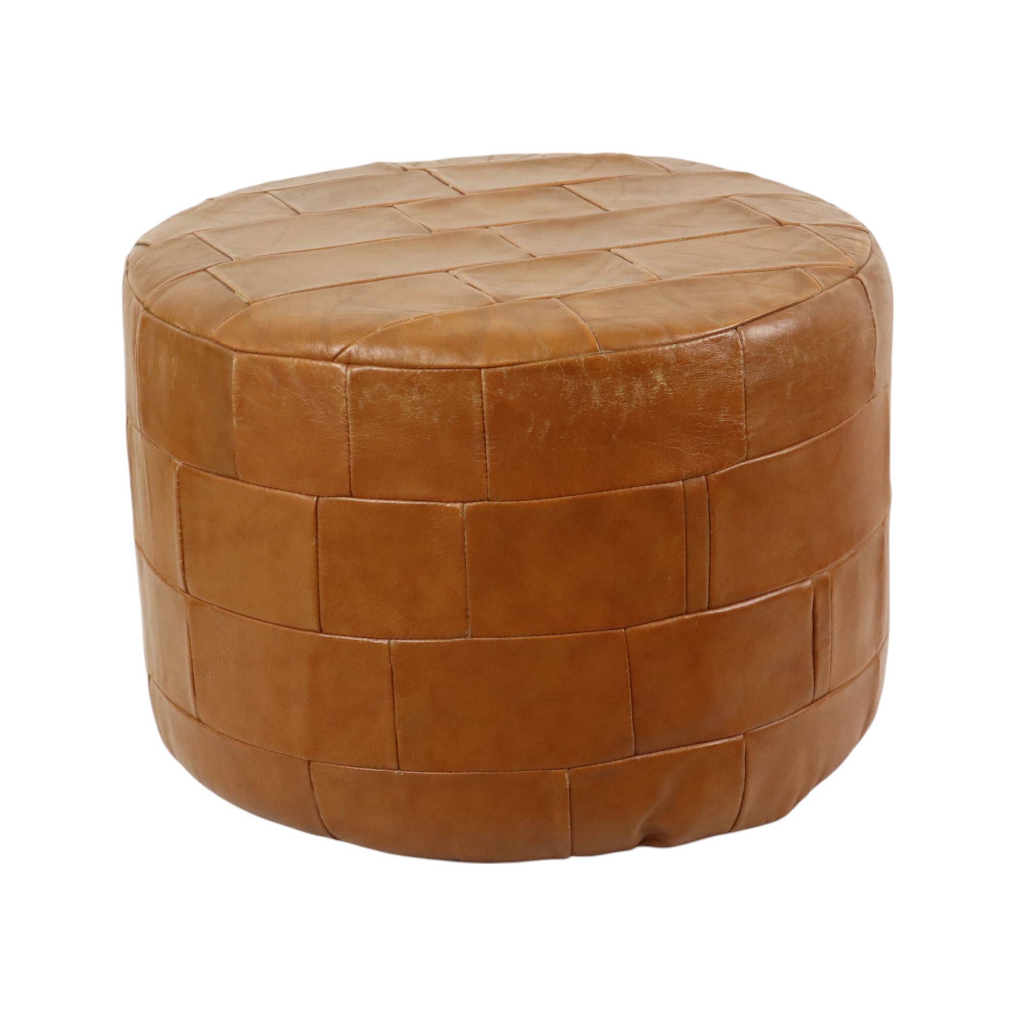 Vintage Round Brown Pouf Patchwork Patches Faux Leather 45cm