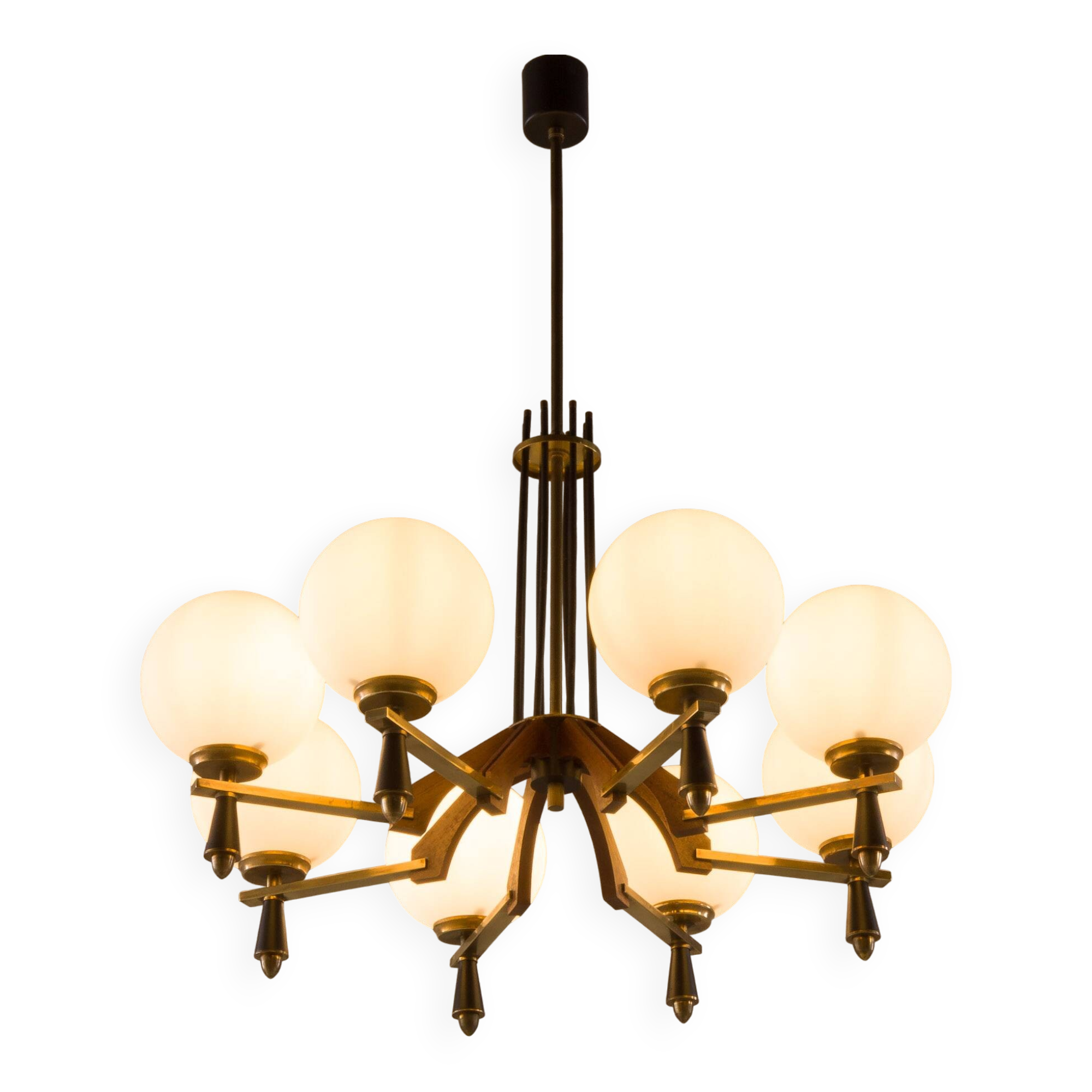 Italian mid-century chandelier in brass and teak, 1960s