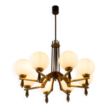 Italian mid-century chandelier in brass and teak, 1960s