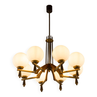 Italian mid-century chandelier in brass and teak, 1960s