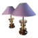 A pair of vintage table lamps featuring a turned wooden base, accessories...