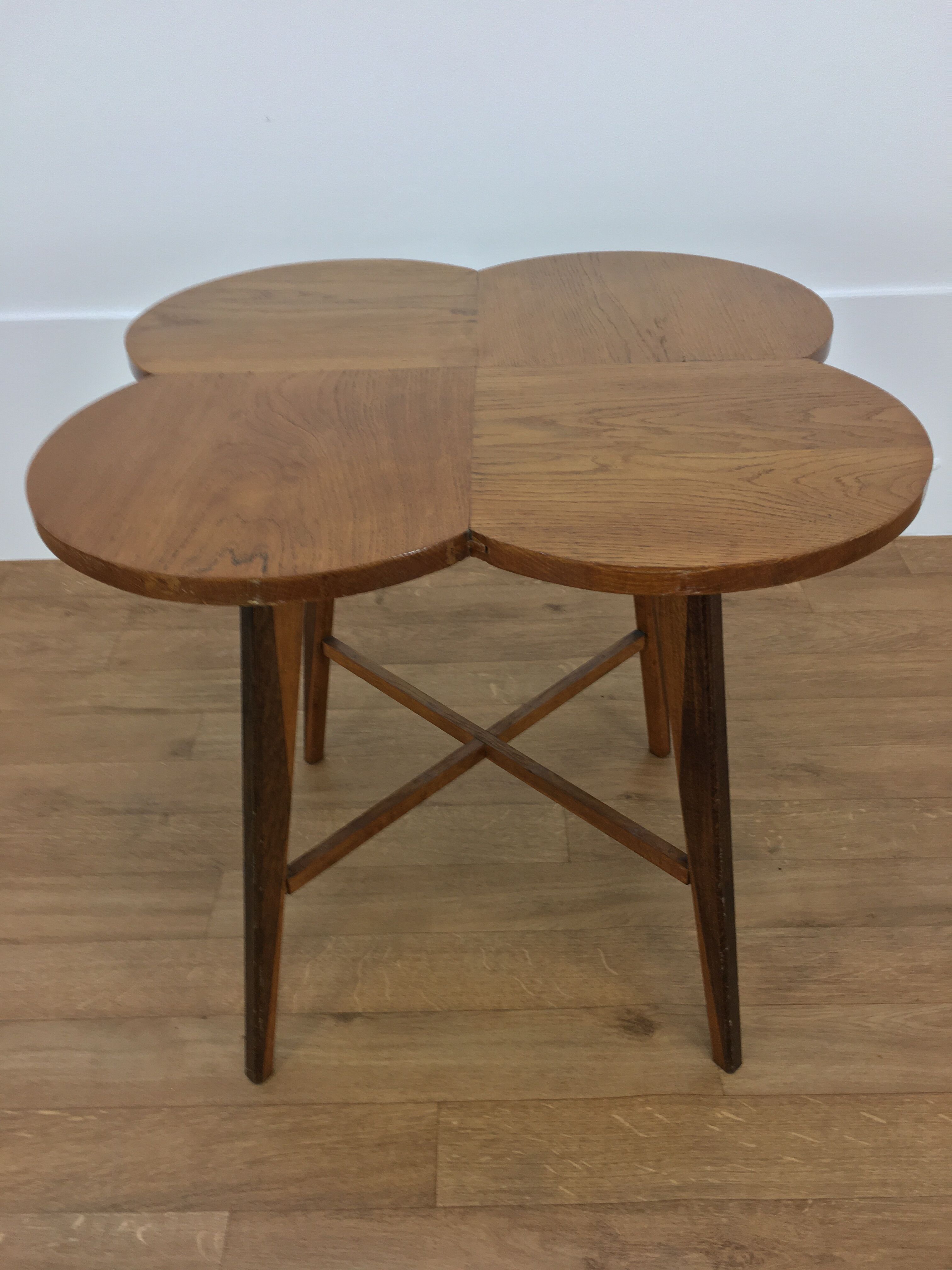 Wooden clover side table, compass feet, 50s