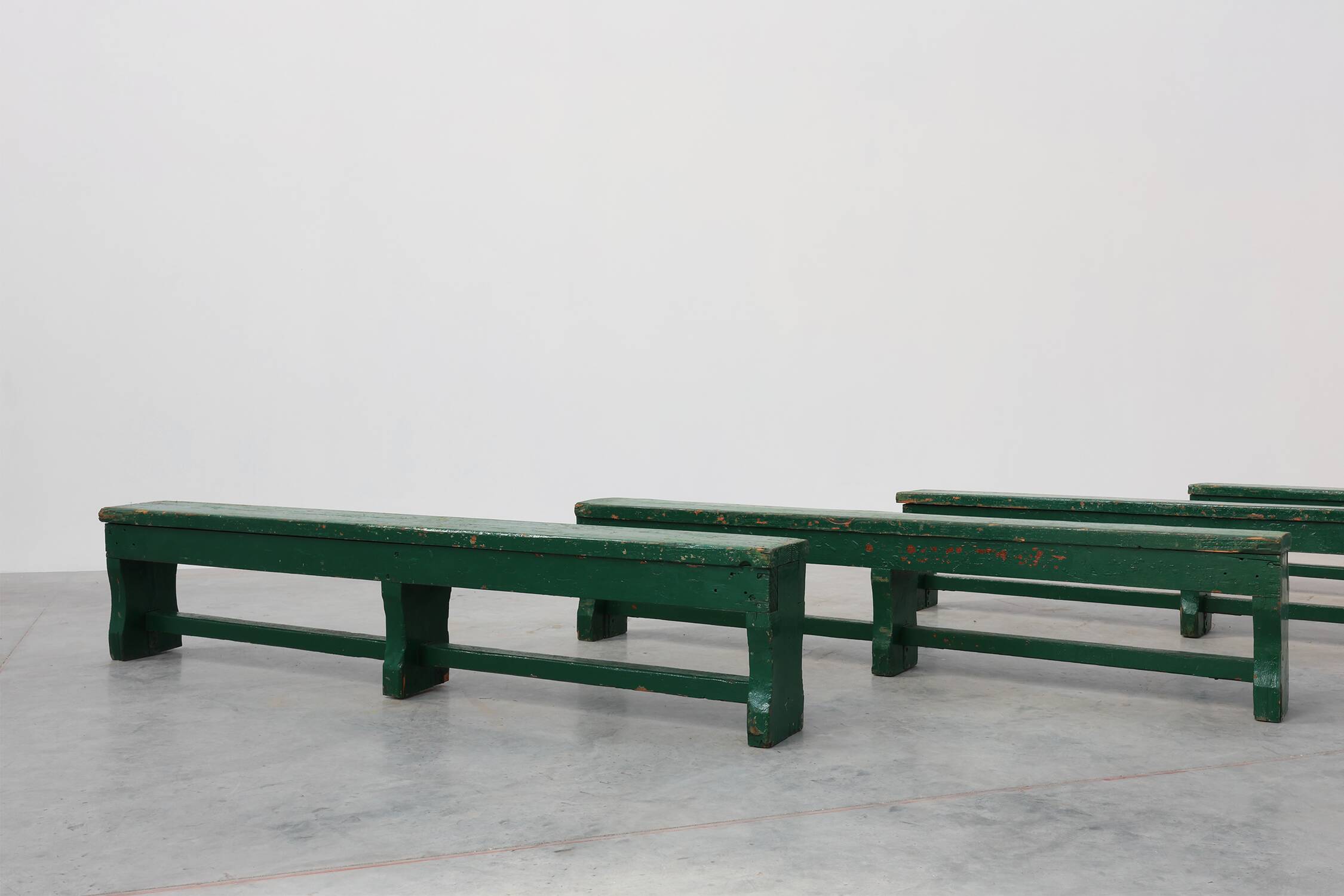 Rustic primitive green farmhouse bench in solid oak, France ca. 1900