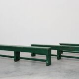 Rustic primitive green farmhouse bench in solid oak, France ca. 1900