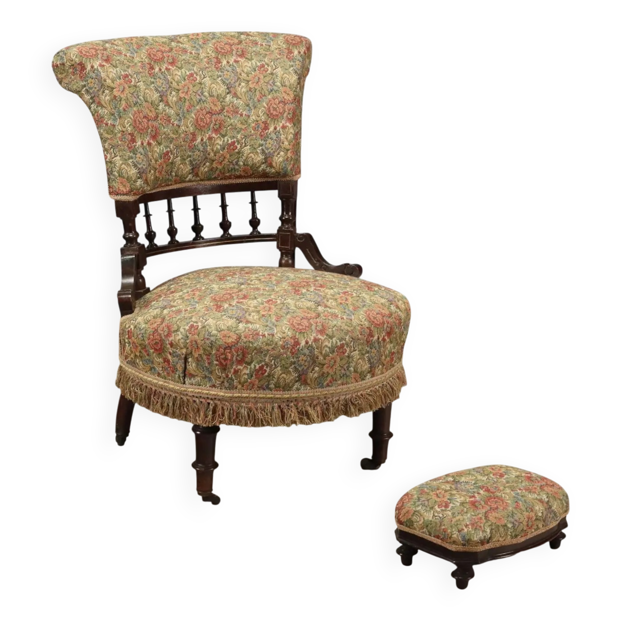 Victorian armchair with fabric pouf, England, 19th century.