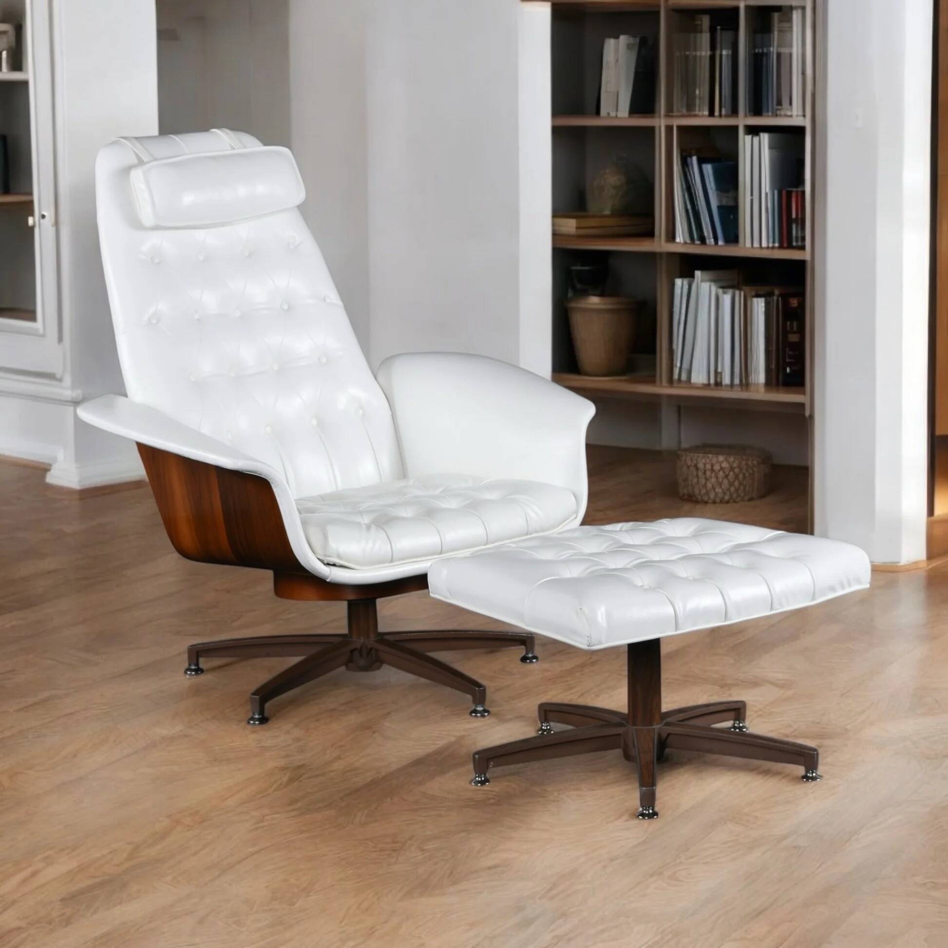 Restored George Mulhauser style white tufted tilt and swivel chair with ottoman