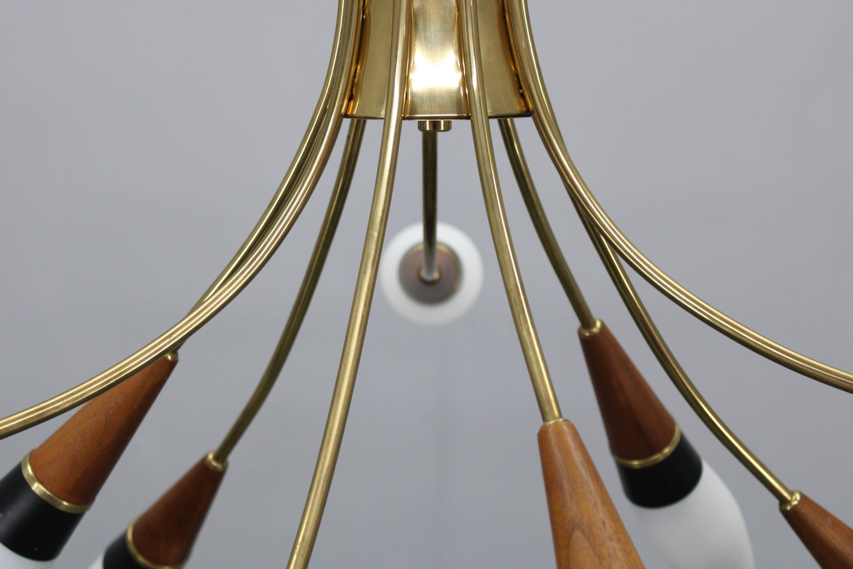 1960s Rupert Nikoll Brass and Teak Opaline Glass Chandelier, Austria