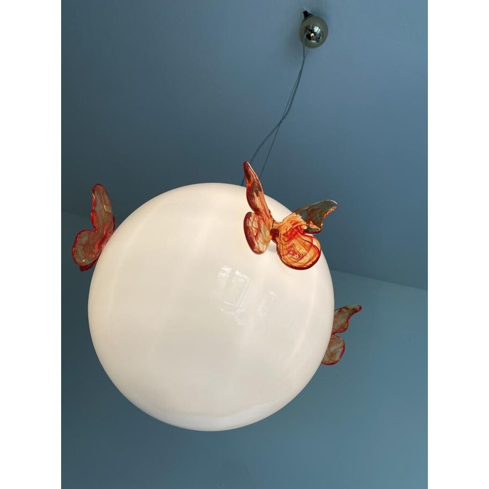 White and red butterfly Sphere Pendant in Murano Glass