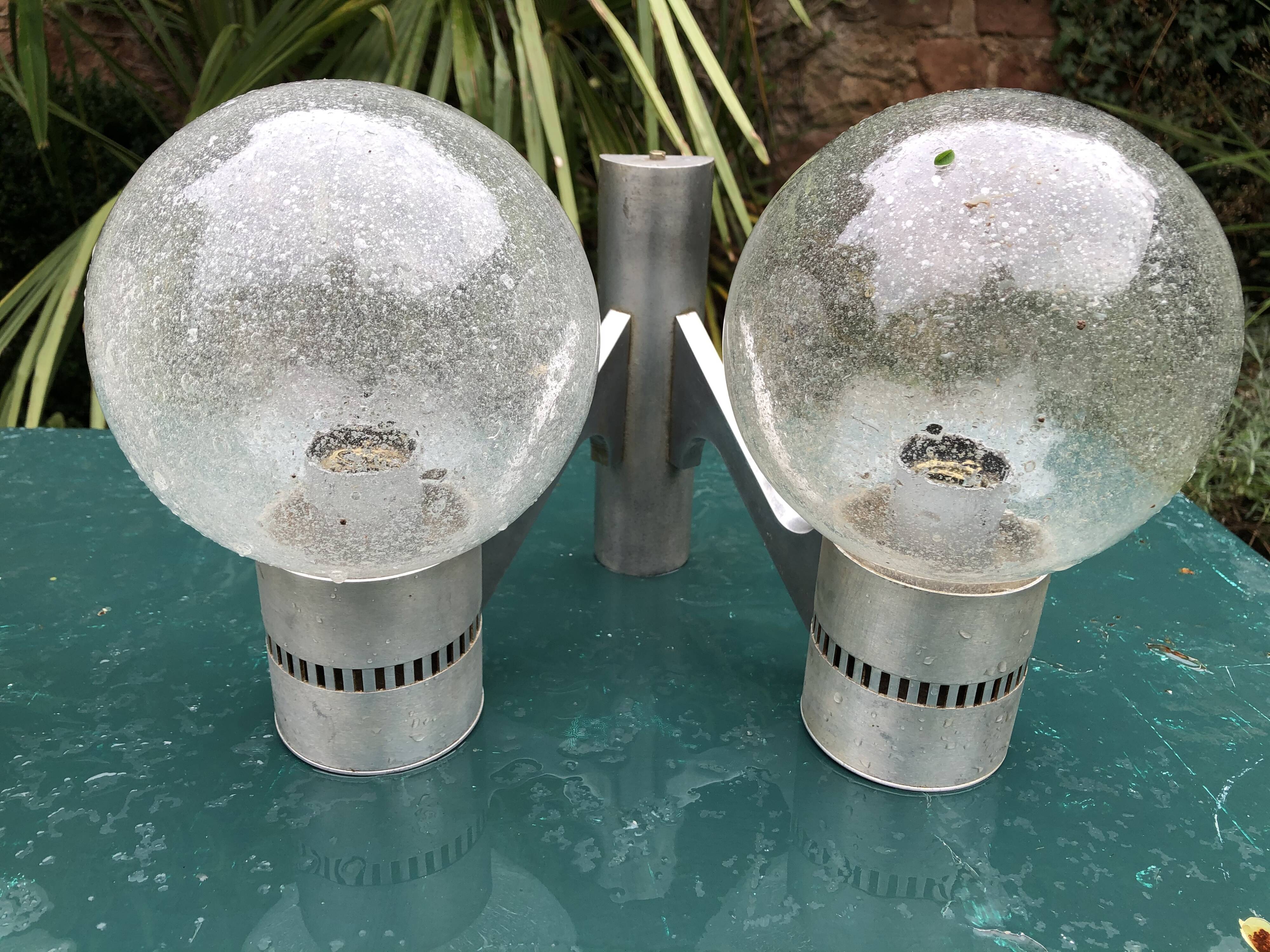 Paire double appliques murales 1970 alu brosse et verre soufflé