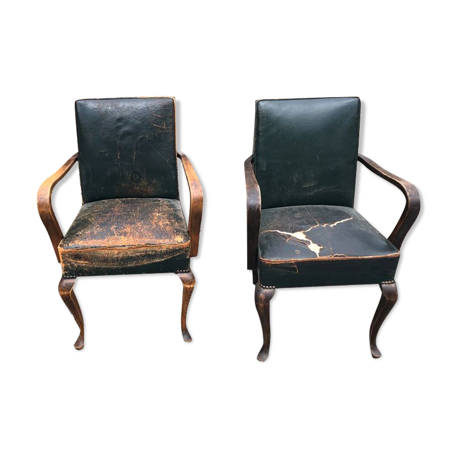 2 Dark green vintage wood and leather armchairs