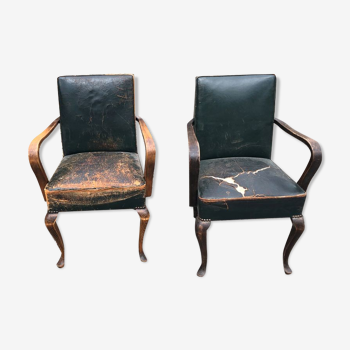 2 Dark green vintage wood and leather armchairs