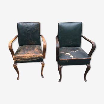 2 fauteuils bois et cuir vintage vert foncé
