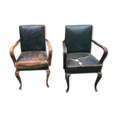 2 fauteuils bois et cuir vintage vert foncé