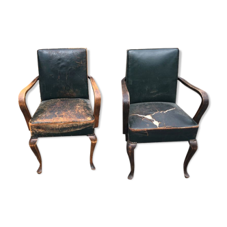 2 Dark green vintage wood and leather armchairs