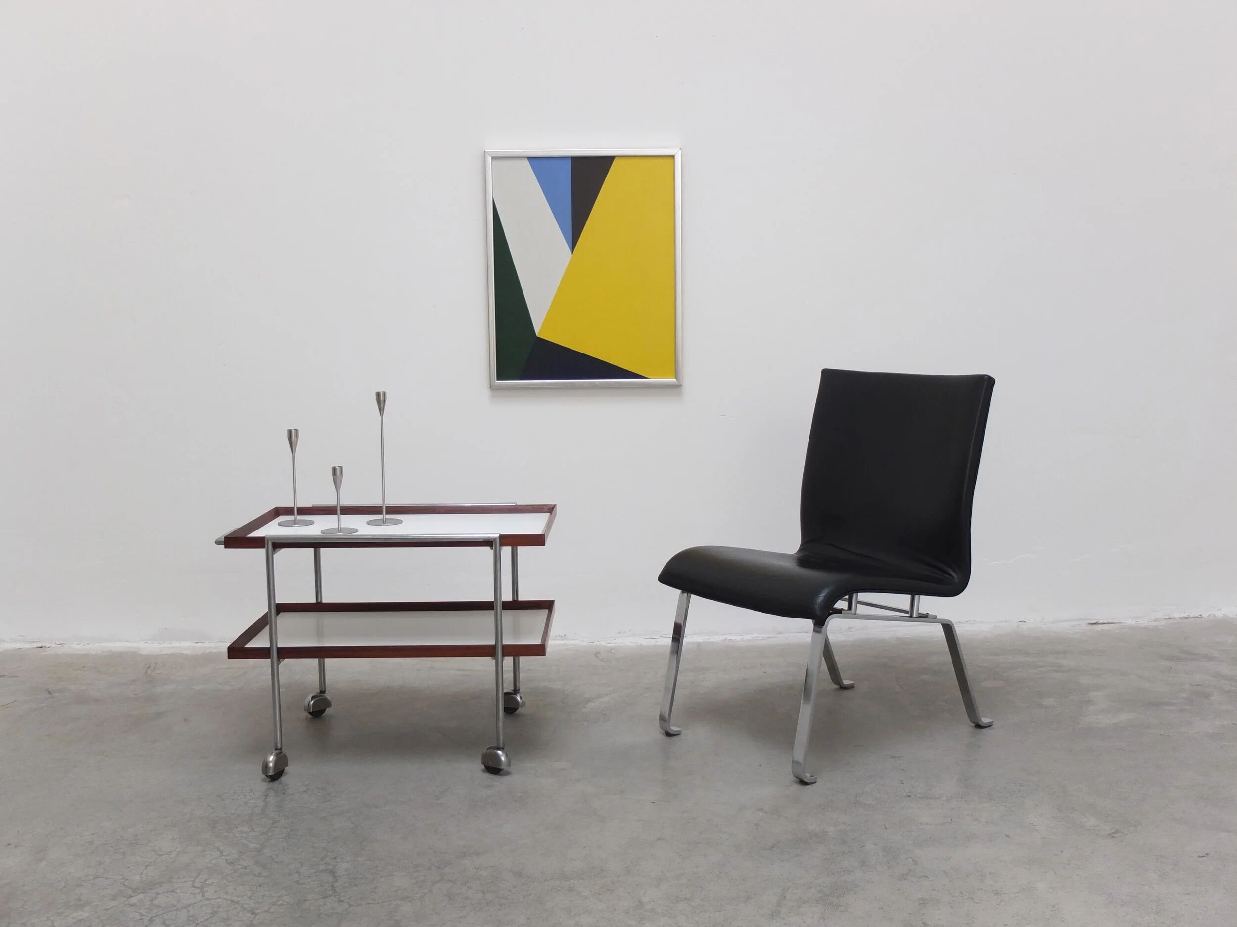 Unique black leather & steel modernist lounge chair, 1960s