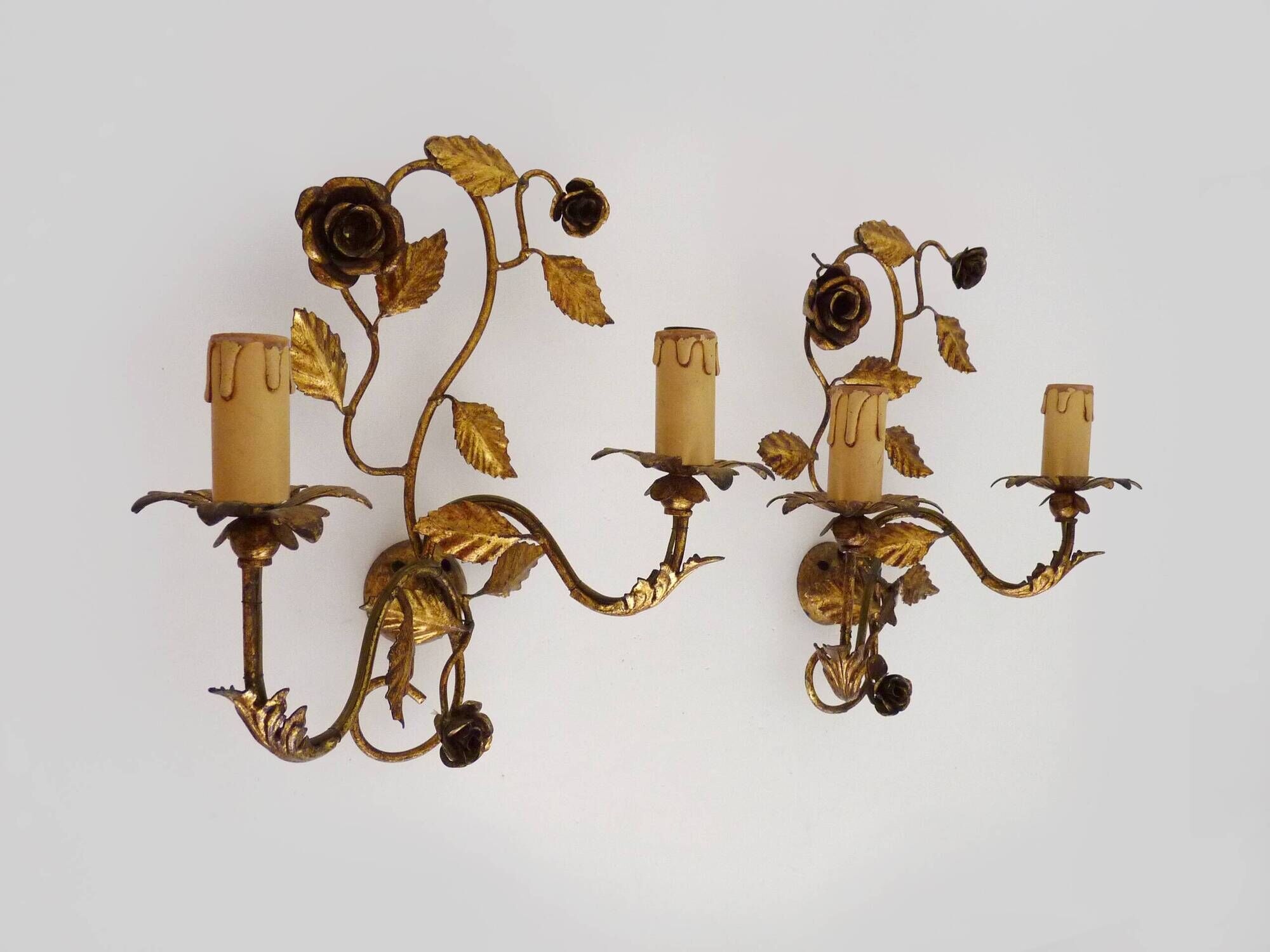 Pair of vintage wall lights with gold metal foliage flowers, 1960s