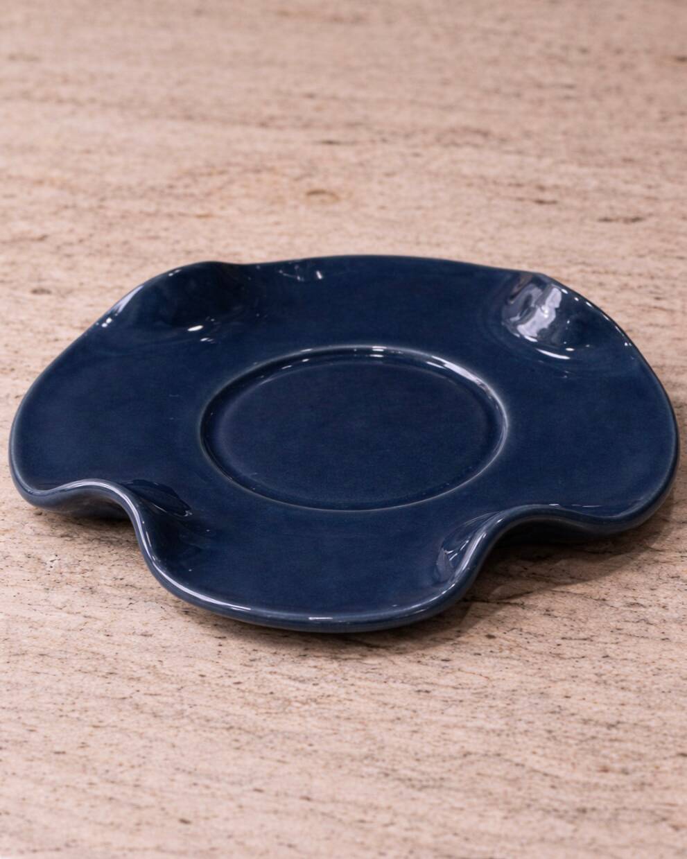 Set of wavy ceramic cup and saucer - petrol blue