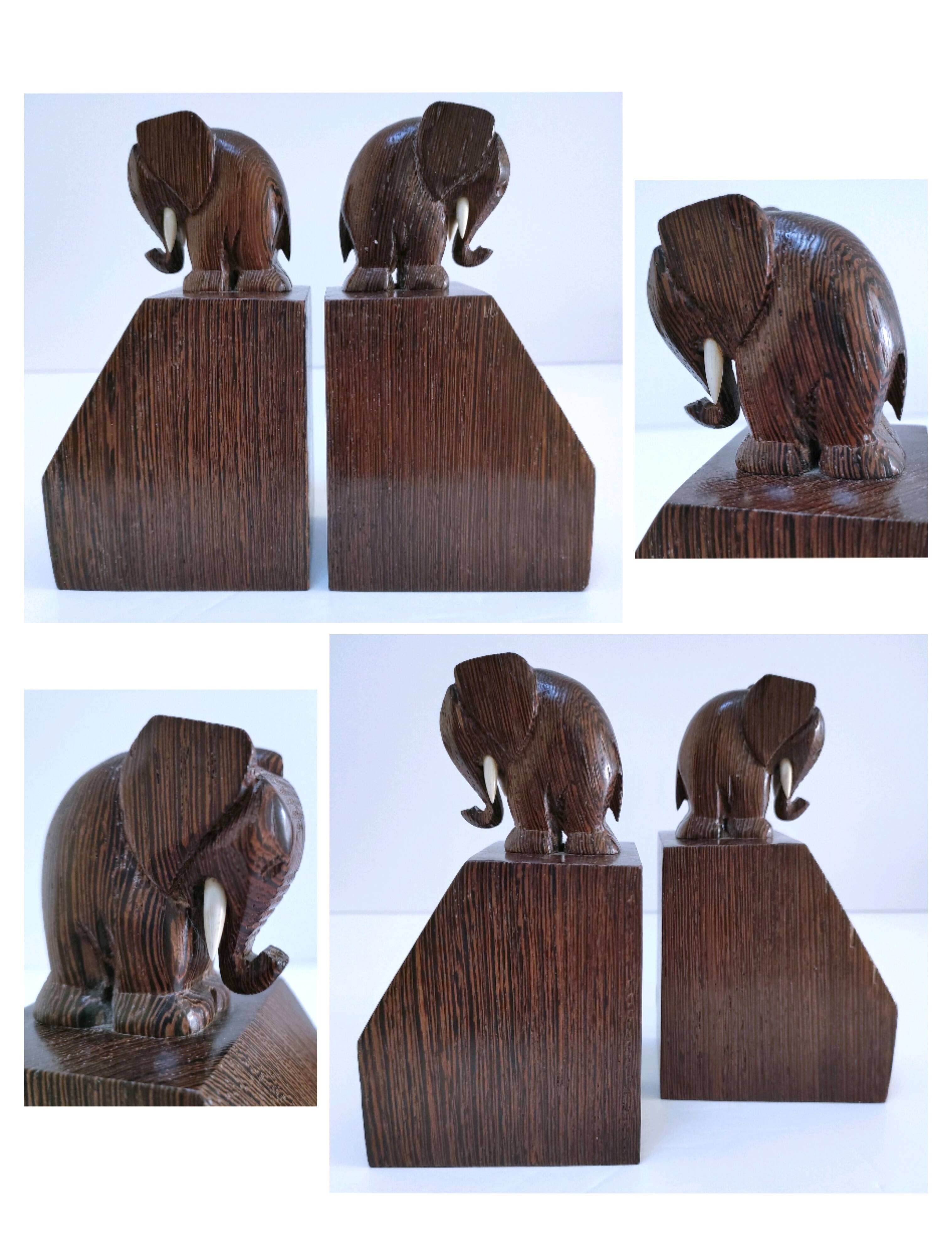 Pair of stylized elephant bookends in solid wood