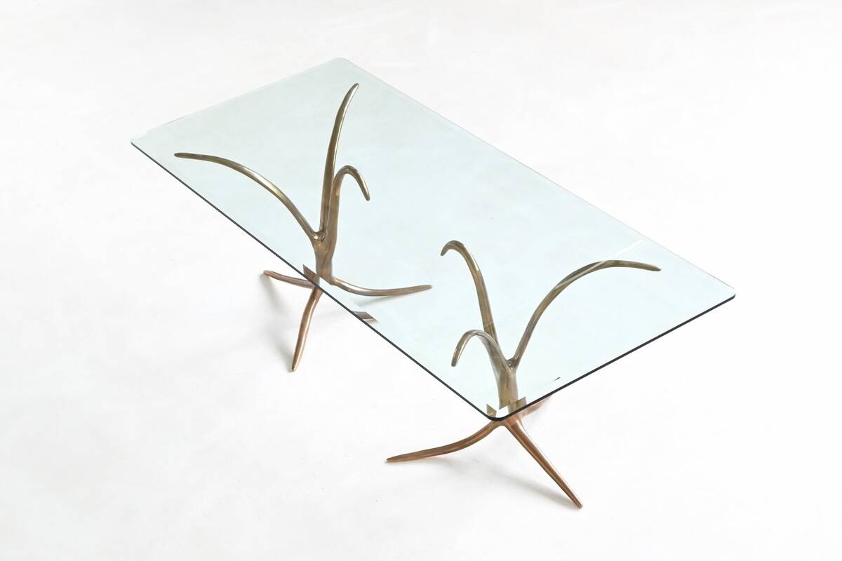 Unique sculptural dining table in bronze and glass, Belgium 1970.