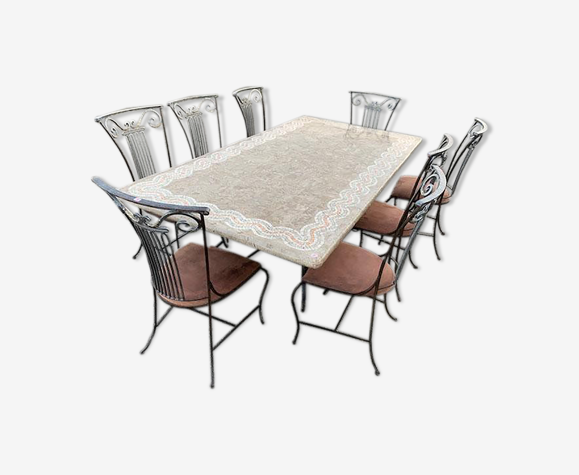Table plateau marbre avec 8 chaises