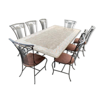 Table plateau marbre avec 8 chaises