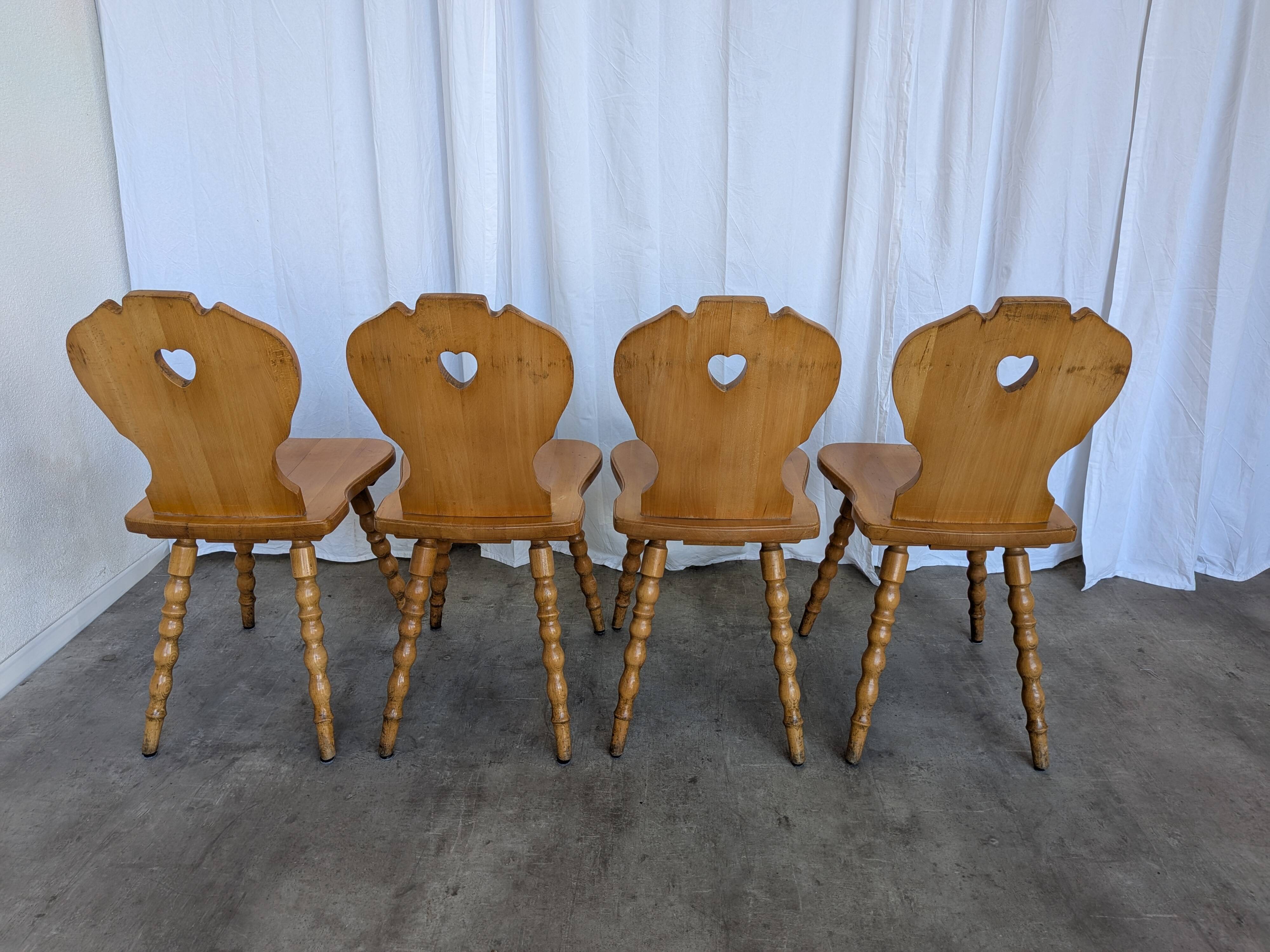 Set of 4 Vintage Tyrolean Heart Cutout Wooden Dining Chairs