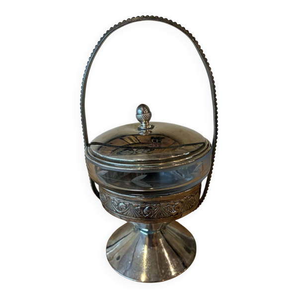 Ancien sucrier / serviteur sur pied – Verre gravé & monture en métal a