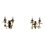Pair of golden wall sconces and porcelain flowers