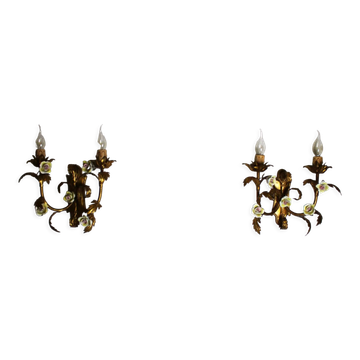 Pair of gold wall sconces with porcelain flowers