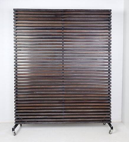 Slatted wood panel room divider or slatted coat rack with 10 mobile hooks